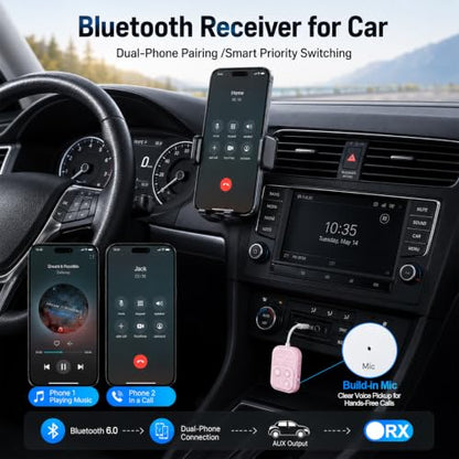 Bluetooth 6.0 Audio Transmitter Receiver, Airplane Bluetooth Adapter, Pink | Dual Link for 2 Headphones, Qualcomm aptX LL, HD, 3.5mm AUX Audio Transmitter for Flight Trave, Gym, Low Latency - color: Pink