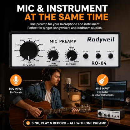 RO-04 Mic Preamp, 0~72db Adjustable Gain Boost,-120db EIN Ultra Low Noise, Studio Grade Performance with Hi-Z, 48V, HPF, Phase for Instrument & Microphone | Ultra Low Noise,Studio Grade Performance with Hi-Z, 48V, HPF, Phase for Instrument & Microphone