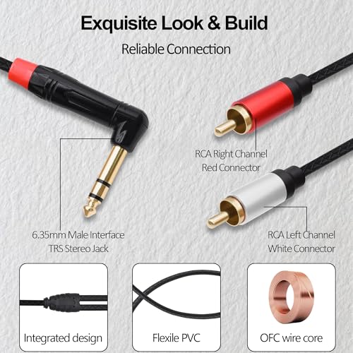 1/4 6.35mm TRS to 2 RCA Audio Splitter Cable Adapter 0.5M | Stereo Y Cable,Angle 6.35mm to Dual RCA Male,for CD/DVDs Speakers Amplifiers