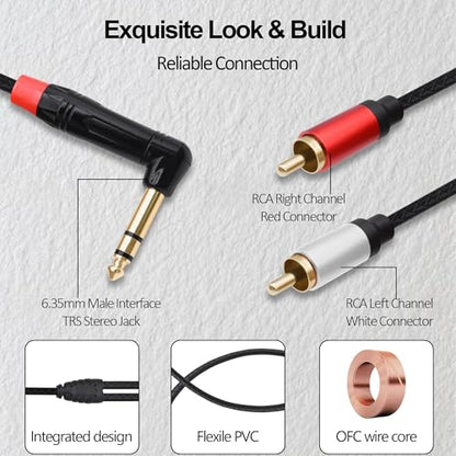 1/4 6.35mm TRS to 2 RCA Audio Splitter Cable Adapter 0.5M | Stereo Y Cable,Angle 6.35mm to Dual RCA Male,for CD/DVDs Speakers Amplifiers