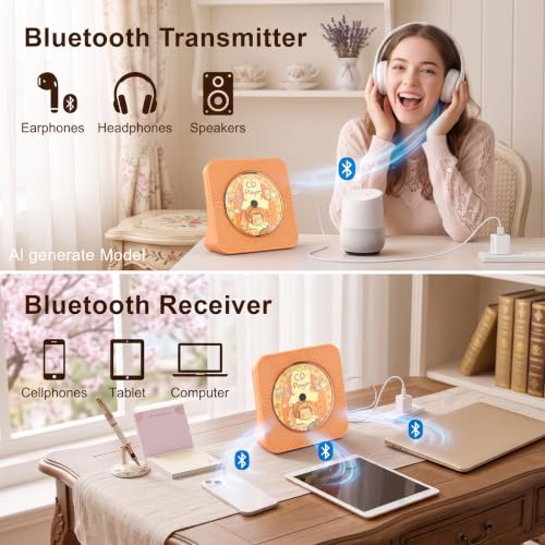 Gueray Portable CD Player with Bluetooth, CD Player with Speaker for Home | Plug-in desktop use,2-way Bluetooth mode, 3W speakers, FM radio, sleep timer, A-B repeat,USB/AUX - color: Orange