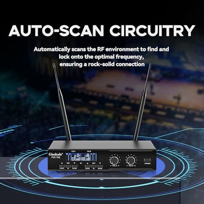 Gimkuls Dual-Channel UHF Wireless Lavalier Microphone System for Church | Complete 4-in-1 Kit: 2 Bodypacks, 2 Headset Mics, 2 Lapel Mics, 200 Frequencies, XLR/6.35 mm for Teaching and Presentations