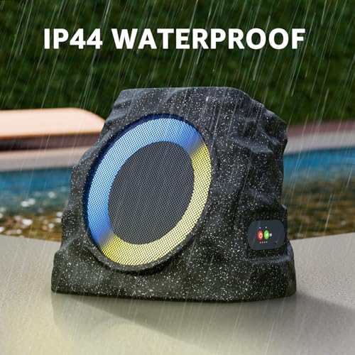 2-Pack Solar Powered Rock Speakers Outdoor Water-Resistant with Lights | 3 Mode Lights Pair Function USB Rechargeable for Patio Pool Outside Garden Party - color: Black