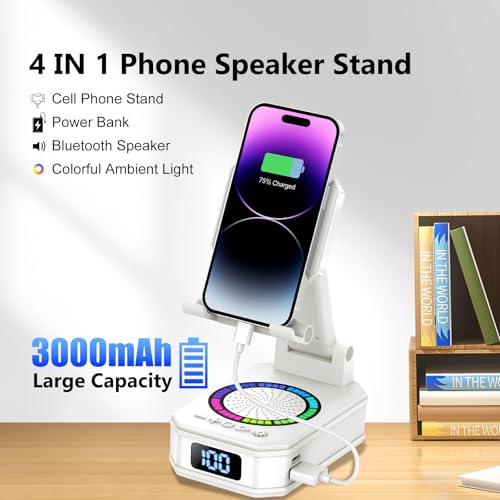 Cell Phone Stand with Wireless Bluetooth Speaker and Colorful LED Lights, 4-in-1 Multifunctional Phone Holder Support Fast Charging, Adjustable Desktop Stand for iOS Android White - color: Off-White