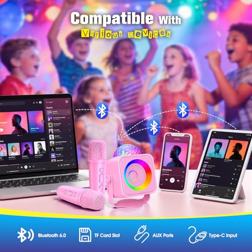 Mini Karaoke Microphone with Disco Light: Gifts for 3 4 5 6 7 8 9 10 11 12 Year Old Kids Girls Karaoke Machine 2 Microphones Toys for 3-15 Year Old Girl Birthday Gift Karaoke Machine for Family Party - color: Pink