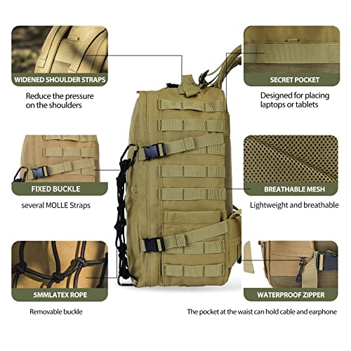 ILM Motorcycle Helmet Backpack 30L Large Capacity Waterproof Helmet Holder, Tactical Backpack for Men Women Riding Hiking Model BP01(Yellow Brown)