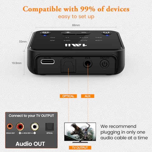 1Mii Bluetooth 5.3 Transmitter for TV to 2 Wireless Headphones/Speakers | aptX Adaptive/HD, Optical/AUX/RCA Audio Inputs with Volume Control, 100FT Long Range Bluetooth Adapter for Television