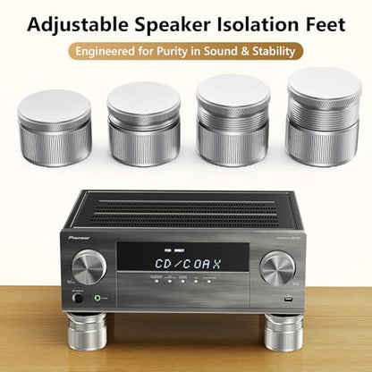 Adjustable Speaker Isolation Feet, Anti-Vibration, 4 Pack Silver | 0.9-1.5 Inch Adjustable, 500 lbs Capacity, Metal Non-Slip Silicone, Speaker Subwoofer Turntable, Vibration Damping Set of 4 - color: Silver