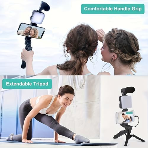 Tripod Vlogging Kit for iPhone and Android with LED Light Mini Shotgun Mic Adjustable Phone Holder for Travel, Live Streaming, Black - color: Black