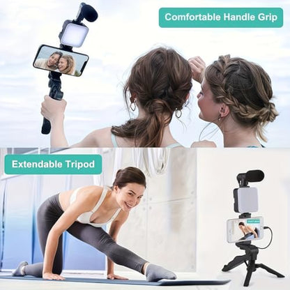 Tripod Vlogging Kit for iPhone and Android with LED Light Mini Shotgun Mic Adjustable Phone Holder for Travel, Live Streaming, Black - color: Black