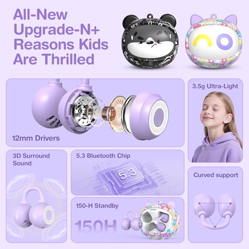 QearFun Kids Cat Open Ear Earbuds with Rotatable Case, 85dB Safe Volume | Kid Clip On Earbuds with Mic, Wireless Bluetooth Headphones, 30+H Playtime, Waterpoof, Anti-Lost Lanyard, Travel School Gift - color: Purple Earbuds