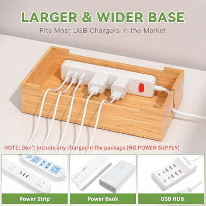 Pezin & Hulin Bamboo Charging Stand Rack, No Power Adapter Supply -Natural | Wooden Charge Box for Mobile Phones, Tablets, Smart Watch and Earbuds, Wire Cable Organizer Box, Bedside Dock Stand Holder - color: Natural (No Charger)