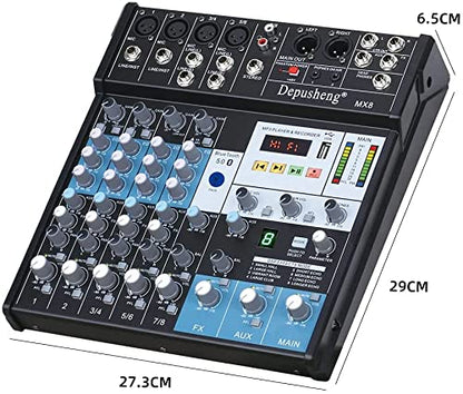 Professional Audio Mixer Sound Board Console 8-Channel DJ Controller Sound Mixer w/ 8-DSP EFFECT, USB Recording Interface, Bluetooth, 48V Phantom Power, Ideal For Live Streaming Depusheng MX8