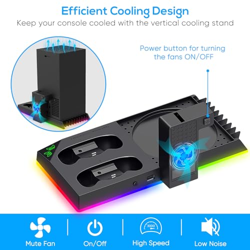 Upgrade Stand for Xbox Series X with Back Cooling Fan& RGB Lights, Charging Station with Controller Charger Dock &Game Storage Rack Organizer& Headset Stand with 2X1400 mAh Rechargeable Battery Pack