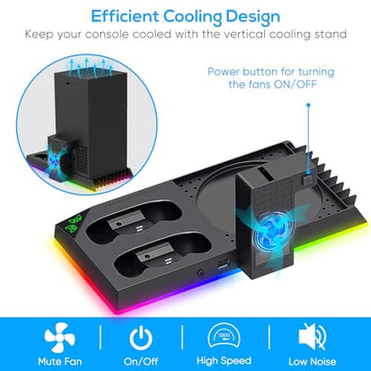 Upgrade Stand for Xbox Series X with Back Cooling Fan& RGB Lights, Charging Station with Controller Charger Dock &Game Storage Rack Organizer& Headset Stand with 2X1400 mAh Rechargeable Battery Pack