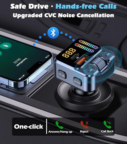 Bluetooth 5.3 Car Adapter with FM Transmitter 42W PD Fast Charging | Bluetooth AUX USB Music Receiver HandsFree Calls, Beat Sync LED Lights for Car Stereo, Compatible with 12V-24V Vehicles