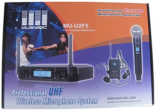 MU-U2F5-LL Dual Channel UHF Microphone System, 2 Bodypacks Headset | , Selectable Frequencies, Auto Scan, IR Sync, Long Range for Church, Fitness, Presentation, School
