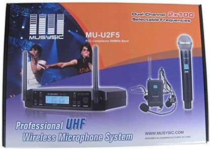 MU-U2F5-LL Dual Channel UHF Microphone System, 2 Bodypacks Headset | , Selectable Frequencies, Auto Scan, IR Sync, Long Range for Church, Fitness, Presentation, School