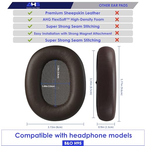 AHG Accessory House Global Upgraded Replacement Beoplay h95 Ear Pads Cushions Compatible with Bang & Olufsen Beoplay H95 Headphones (Brown). Sheepskin Leather/High-Density Foam/Strong Magnet - color: Brown