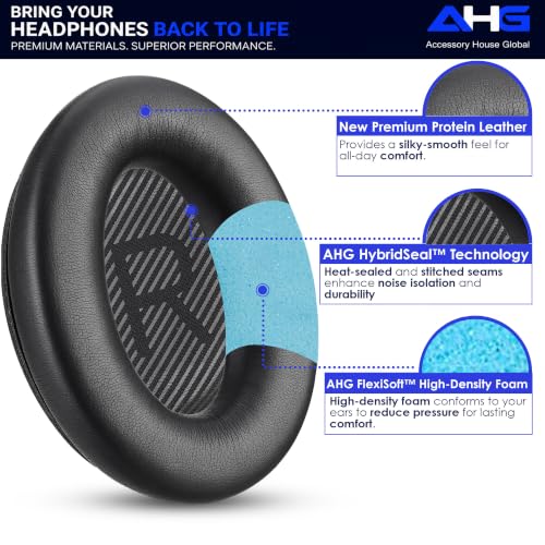 AHG QC45 Ear Pads Compatible with Bose QuietComfort 45 35 QC35 II QCSC QCSE | Easy DIY Fit | Premium Protein Leather | Extra Thick | Soft High-Density Foam - color: Black