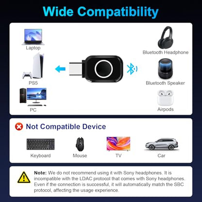 ZIOCOM USB-C Bluetooth Adapter for PS5, Bluetooth 5.3 Dongle with APTX LL
