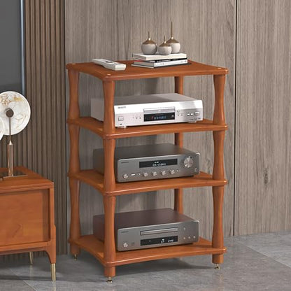 Amplifier Rack, Wood Audio Stand with Copper Shock Absorbing Feet, Open Component Audio Video Media Stand, Multi-Function Storage Shelf, Side Table, Bedside Table - color: Teak Color