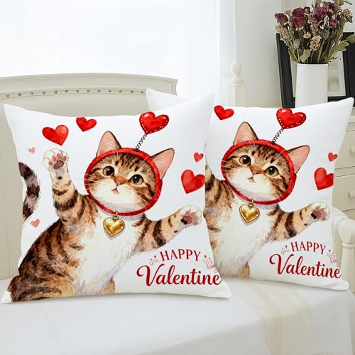 Cat Throw Pillow Covers Set of 2, Playful Fanciful Hearts Red Headband Valentine Red with Hidden Zipper Pattern Pillow Covers for Home Bedroom Living Room Sofa Couch Decor 22x22 Inch - size: 22" x 22" (Pack of 2)