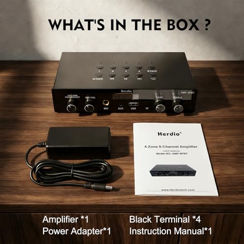 Herdio Bluetooth 5.4 Stereo Audio Amplifier Receiver - 60W Peak Power x 8 Channel with USB/TF/AUX/MIC Inputs, Bass/Treble Control, 4 Zone Independent Power Control for Multi-Room Home Audio System