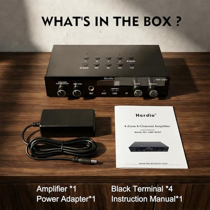 Herdio Bluetooth 5.4 Stereo Audio Amplifier Receiver - 60W Peak Power x 8 Channel with USB/TF/AUX/MIC Inputs, Bass/Treble Control, 4 Zone Independent Power Control for Multi-Room Home Audio System