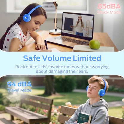 Monster Cute SK100 Kids Bluetooth Headphones, 85/94dB Safe Volume Limited, 60 Hours Playtime, Bluetooth 6.0, On-Ear Toddler Headsets with Built-in Mic, Lightweight Wireless Headphones for Kids, Blue