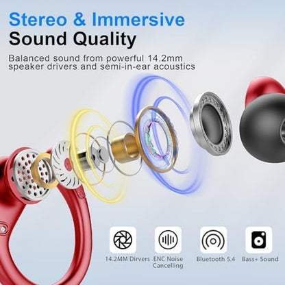 Wireless Earbuds, Sports Bluetooth 5.4 Headphones IPX8 Waterproof, 70H Over Ear Buds with Deep Bass Sound,4 ENC Noise Cancelling Mics, USB-C Fast Charging Earphones with Earhooks for Workout/Running | Bluetooth 5.4, 4 ENC Microphones, Deep Bass Sound, LED