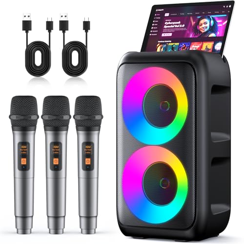 Karaoke Machine for Adults Kids, Portable Bluetooth Speaker with 3 Wireless Microphones, TWS Mode & LED Light, 10H Battery PA System, Home Party Outdoor Camping Birthday Gifts (3 Mics) - size: 3 Mics