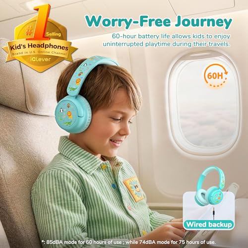 iClever BTH22 Kids Bluetooth Headphones for Toddler Travel, 60H Play Time | SafeSound Tech3.0, Stereo Sound, USB C Fast Charging, AUX Cable, Kids Wireless Headphones for Girls/Boys/Tablet/PC/School - color: Green