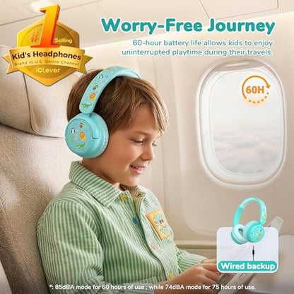 iClever BTH22 Kids Bluetooth Headphones for Toddler Travel, 60H Play Time | SafeSound Tech3.0, Stereo Sound, USB C Fast Charging, AUX Cable, Kids Wireless Headphones for Girls/Boys/Tablet/PC/School - color: Green