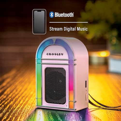 Crosley CR3046A-PI Mini Jukebox Portable Bluetooth Speaker, Pink | Bluetooth In, 5 Color-Changing Light Modes, LED Lights Sync with Music, Rechargeable Lithium-Ion Battery - color: Pink