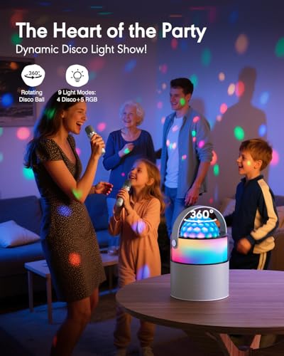 Karaoke Machine with Disco LED Lights, Mini Portable Bluetooth Speaker with 2 Wireless Microphones for Kids Adults, Birthday Gifts for Girls Boys Family Parties Travel (White) - color: White