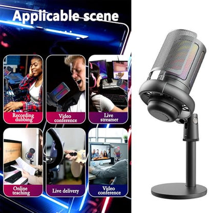 USB Microphone for PC Gaming Color Lighting Mic Mute Button Condenser with Knob Solid Base - color: Black