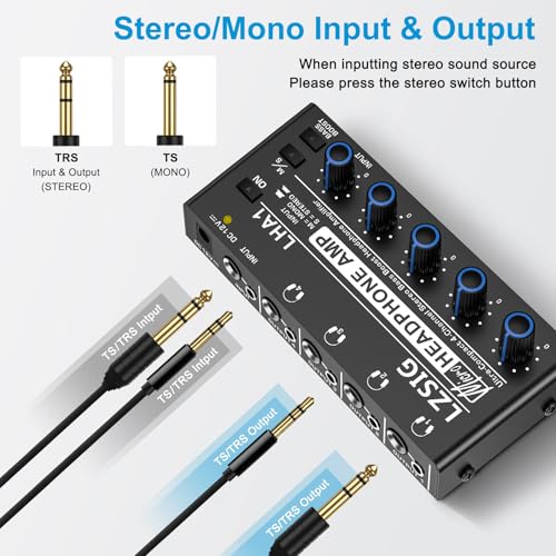 LZSIG Headphone Amplifier with Bass Boost, 4 Channel, 1 IN 4 OUT, DC 12V | Metal Stereo Audio Amplifier, Mini Earphone Splitter with Power Adapter, 1/4" & 1/8" TRS Headphones Output & TRS Audio Input - size: Small(4-channel)