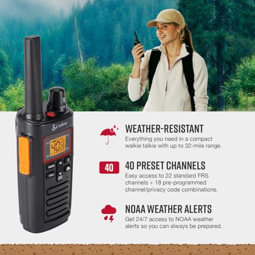 Cobra RX380 Walkie Talkies (2-Pack), 40 Pre-Programmed Channels | Weather Resistant Two Way Radios Long Range, Weather Alerts, LED Flashlight, Long-Life NiMH Batteries (Black) - style: RX380