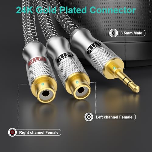 EMK 3.5mm Male to 2RCA Female Jack Stereo Audio Cable RCA to Aux Cable Gold Plated RCA Y Splitter for Smartphone,MP3,Tablets,HiFi Stereo System 1Ft/0.3M - color: 3.5mm Male to 2 RCA Female Silver, size: 1 Ft/0.3M, style: 3.5mm to 2RCA