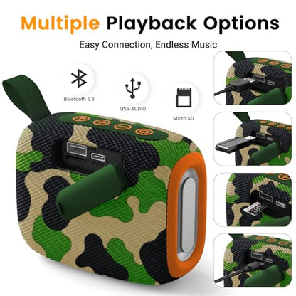 Waterproof Portable Bluetooth Speaker, Lights & Strap, Camoouflage | Compact Wireless Outdoor Speaker, 10H Playtime, Bluetooth 5.3 Stable Connection IPX5 for Beach, Camping, Travel and Shower - color: camoouflage