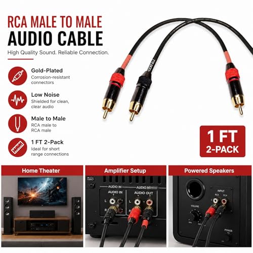 RCA Cable 1ft 2-Pack, Male to Male Gold Plated Subwoofer Cable, Low Noise Shielded OFC Audio Cable for Amplifier, Home Theater, HDTV, Speaker
