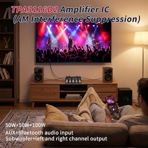 ZK-TB21 2.1 Channel Bluetooth 5.0 Amplifier Board – TPA3116D2 Chip 50Wx2+100W MAX, DC 12-24V, AUX Input, HiFi amp for Home Theater Passive Speakers Subwoofer, Treble & Bass Control - size: ZK-TB21
