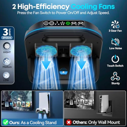 P S5 Wall Mount Kit with Cooling Fan and Charging Station Compatible with PS5/Slim/Pro Disc and Digital, PS Five Floating Shelf with 9 RGB Lights, PS5 Mount Behind TV, P5 Accessories for Gaming, Black - color: Black