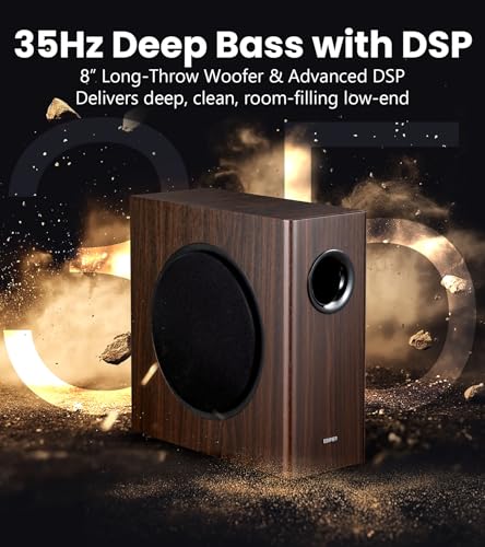 Edifier T5s Powered Subwoofer, 70W RMS, 8" Woofer, 35Hz Deep Bass, Brown | Active Long-Throw Speaker, Built-in Amp, Low Distortion, Phase Selector & Energy-Efficient for Home & Studio Audio - color: Brown