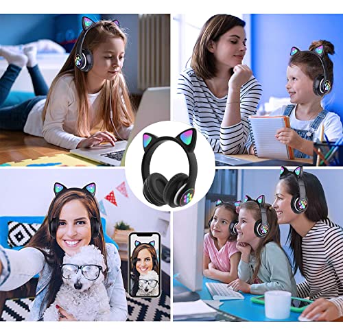 Kids Bluetooth Wireless Over-Ear Cat Ear Headphones with Microphone for Kids Teens Adults (Black) | Over Ear Headphones for Girls/Teenagers/Adults - color: Pure Black
