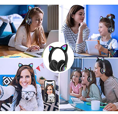 Kids Bluetooth Wireless Over-Ear Cat Ear Headphones with Microphone for Kids Teens Adults (Black) | Over Ear Headphones for Girls/Teenagers/Adults - color: Pure Black