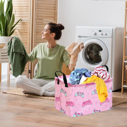 MAIZMZ Girls Storage Basket,Pink Controller Print Kids Hamper,Waterproof Lining, Leather Handles, Collapsible for Gamer Girls, Toys, Clothes, Gift Basket - color: Pink Handle
