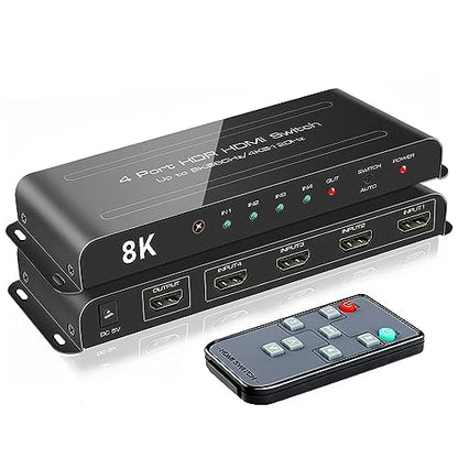 ROOFULL 4 Port 8K HDMI Switch with Remote | 4 In 1 Out HDMI 2.1 Switcher Selector, 8K@60Hz, 4K@120Hz, Dolby Vision/Atmos, Automatic Switching, HDCP 2.3, HDR10+, 48Gbps - color: Z-Black (8K)
