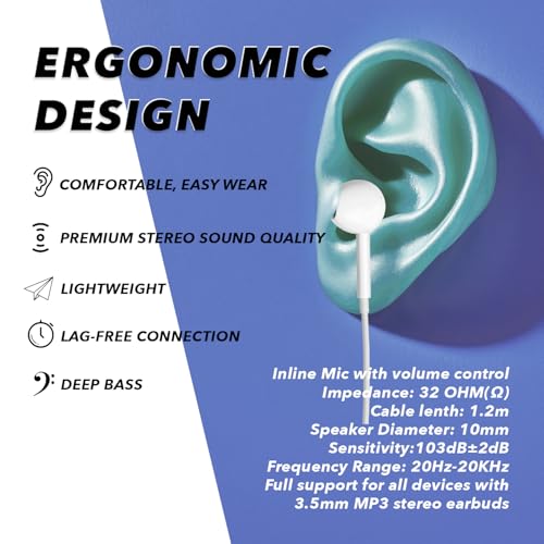 White Wired Earbuds 3.5mm Jack, Ear Buds with Microphone Wired, Earbuds with Mic Inline & Volume Control, Ear Buds with Wire, Plug In Earphones with Inline Microphone & Volume Control - 2 Pack - size: Pack of 2
